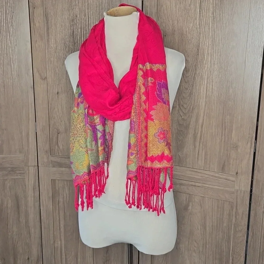 Pink Multicolor Fringe Scarf Boho Lightweight Oversized Wrap